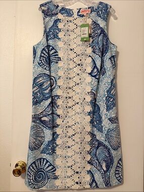 Lilly Pulitzer Originals Blue White Stuffed Shell Worth Shift Dress Crochet 16